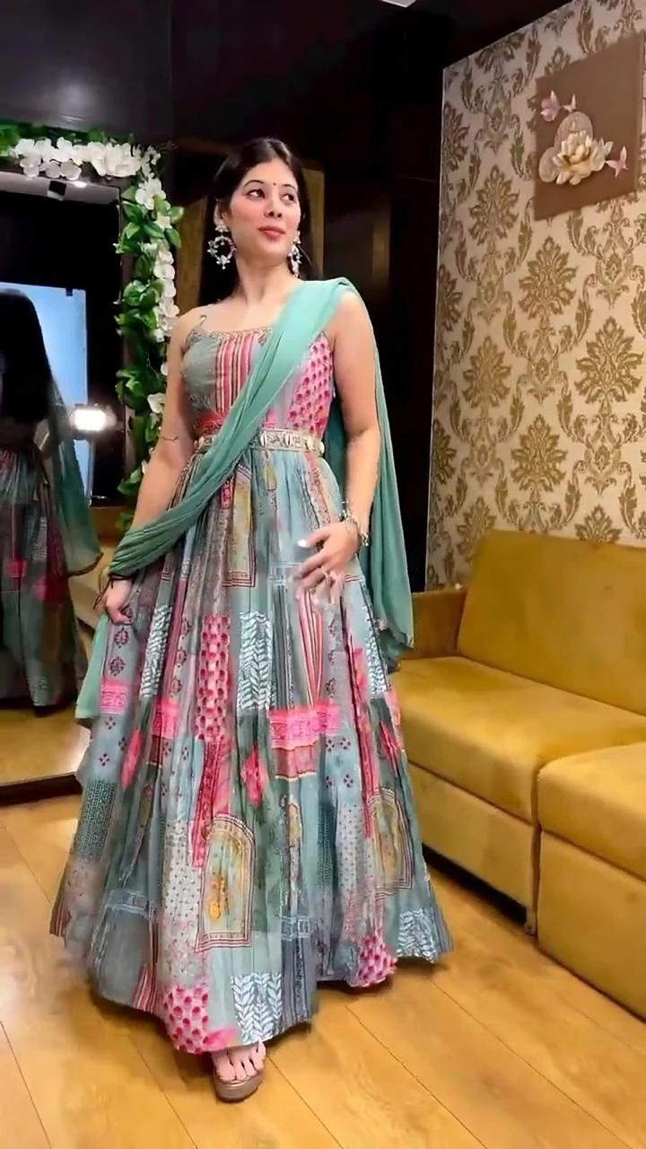 Seafoam Green Digital Print Lehenga Set with Dupatta