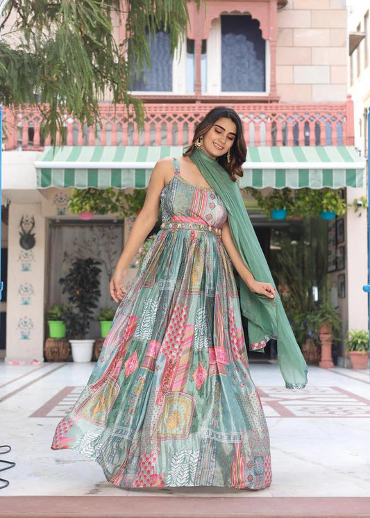 Seafoam Green Digital Print Lehenga Set with Dupatta