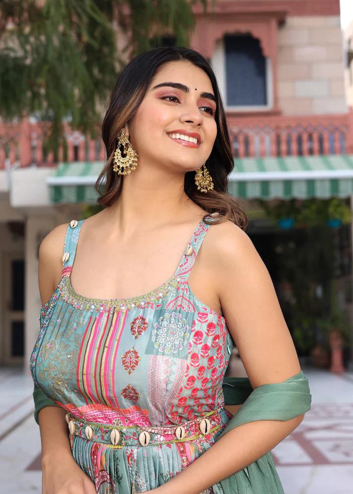 Seafoam Green Digital Print Lehenga Set with Dupatta