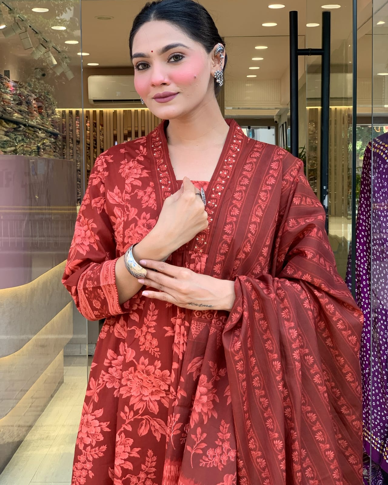 V-Neck Embroidered Anarkali Set with Mirror Work