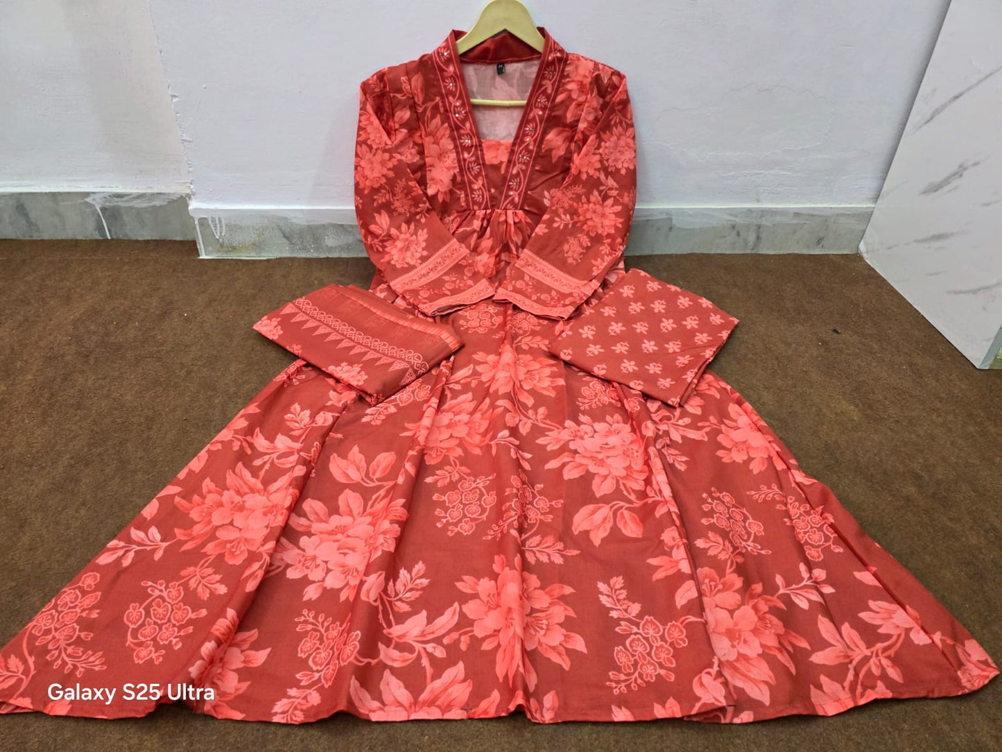 V-Neck Embroidered Anarkali Set with Mirror Work