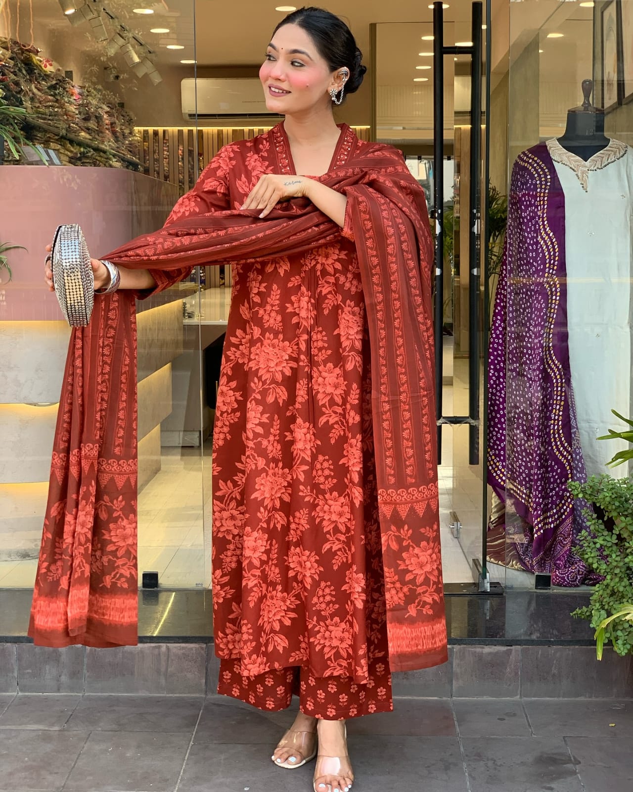 V-Neck Embroidered Anarkali Set with Mirror Work