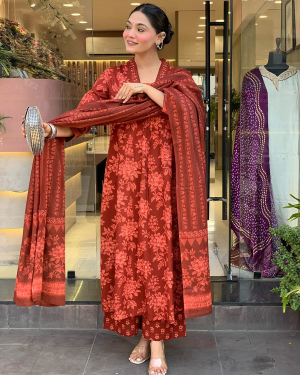 V-Neck Embroidered Anarkali Set with Mirror Work