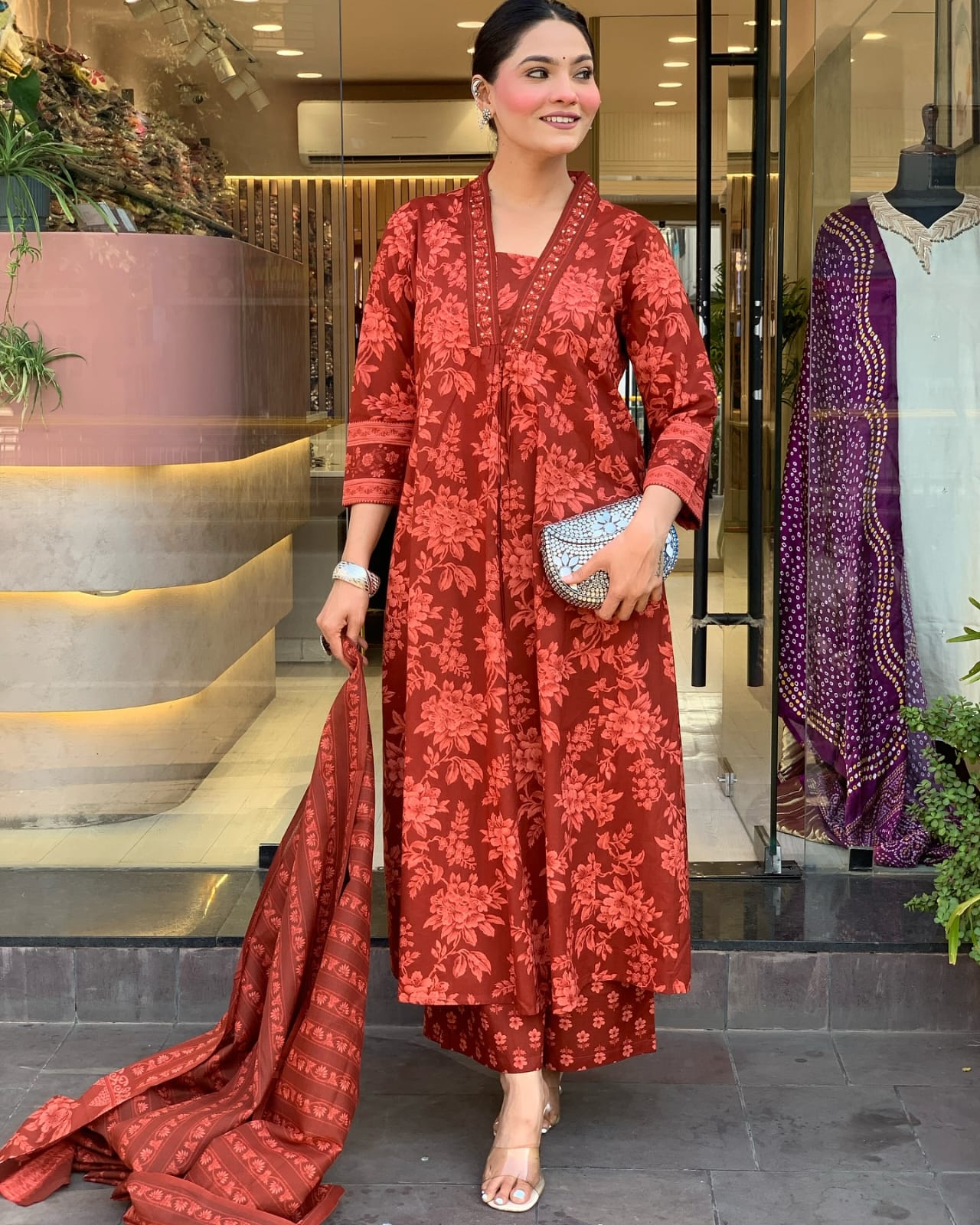 V-Neck Embroidered Anarkali Set with Mirror Work