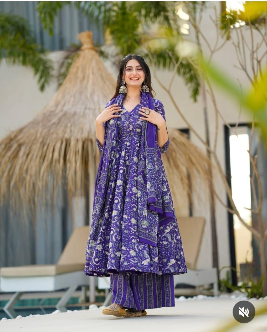 Deep Purple Floral Block Print Cotton Anarkali Set