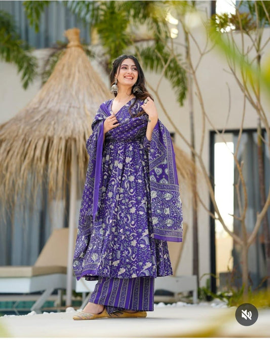 Deep Purple Floral Block Print Cotton Anarkali Set