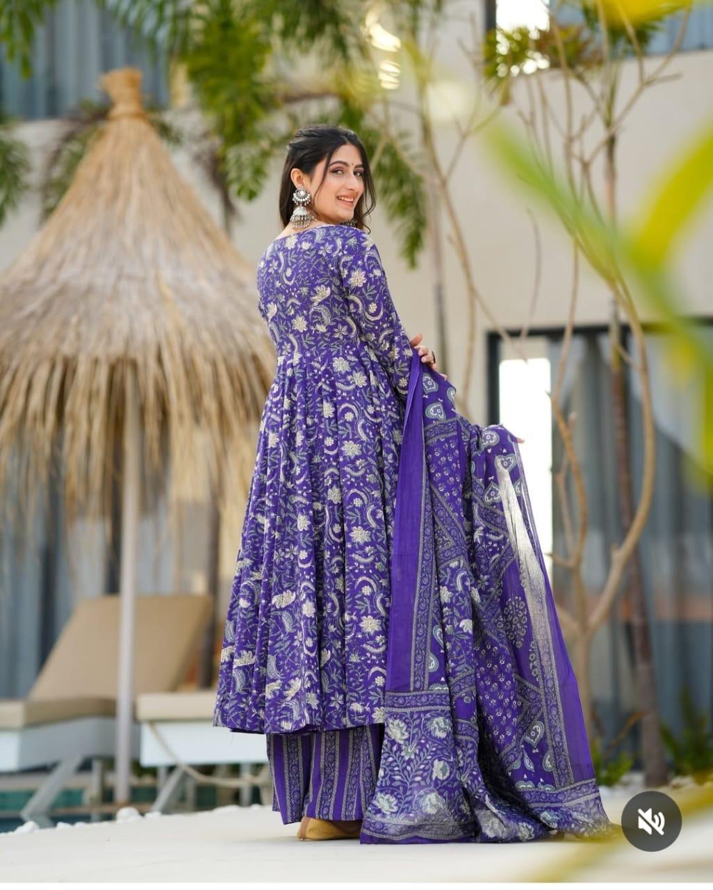 Deep Purple Floral Block Print Cotton Anarkali Set