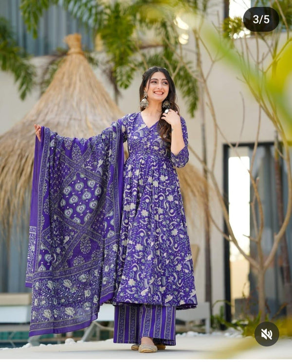 Deep Purple Floral Block Print Cotton Anarkali Set