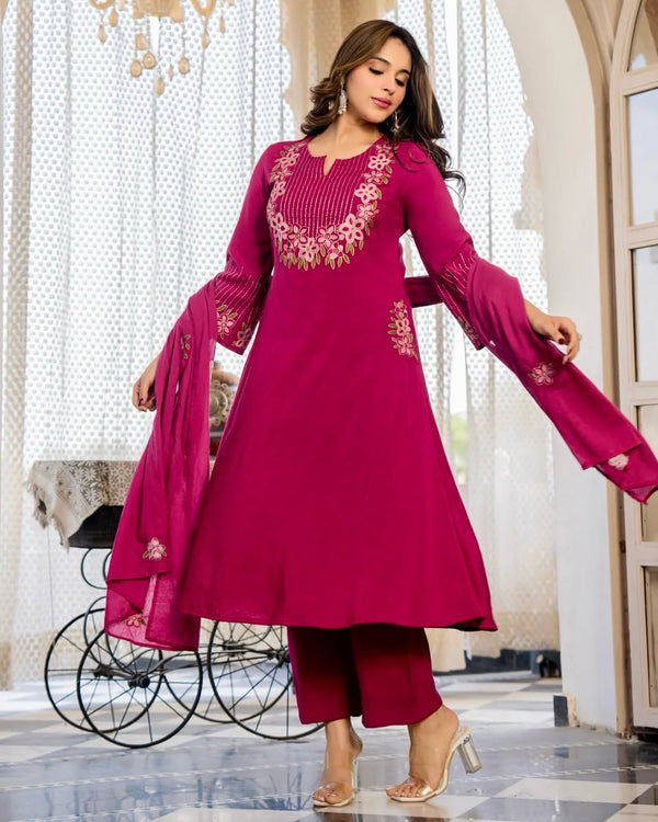Magenta Pink Embroidered Flared Kurta Set with Dupatta