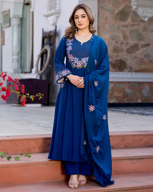 Prussian Blue Embroidered Flared Kurta Set with Dupatta