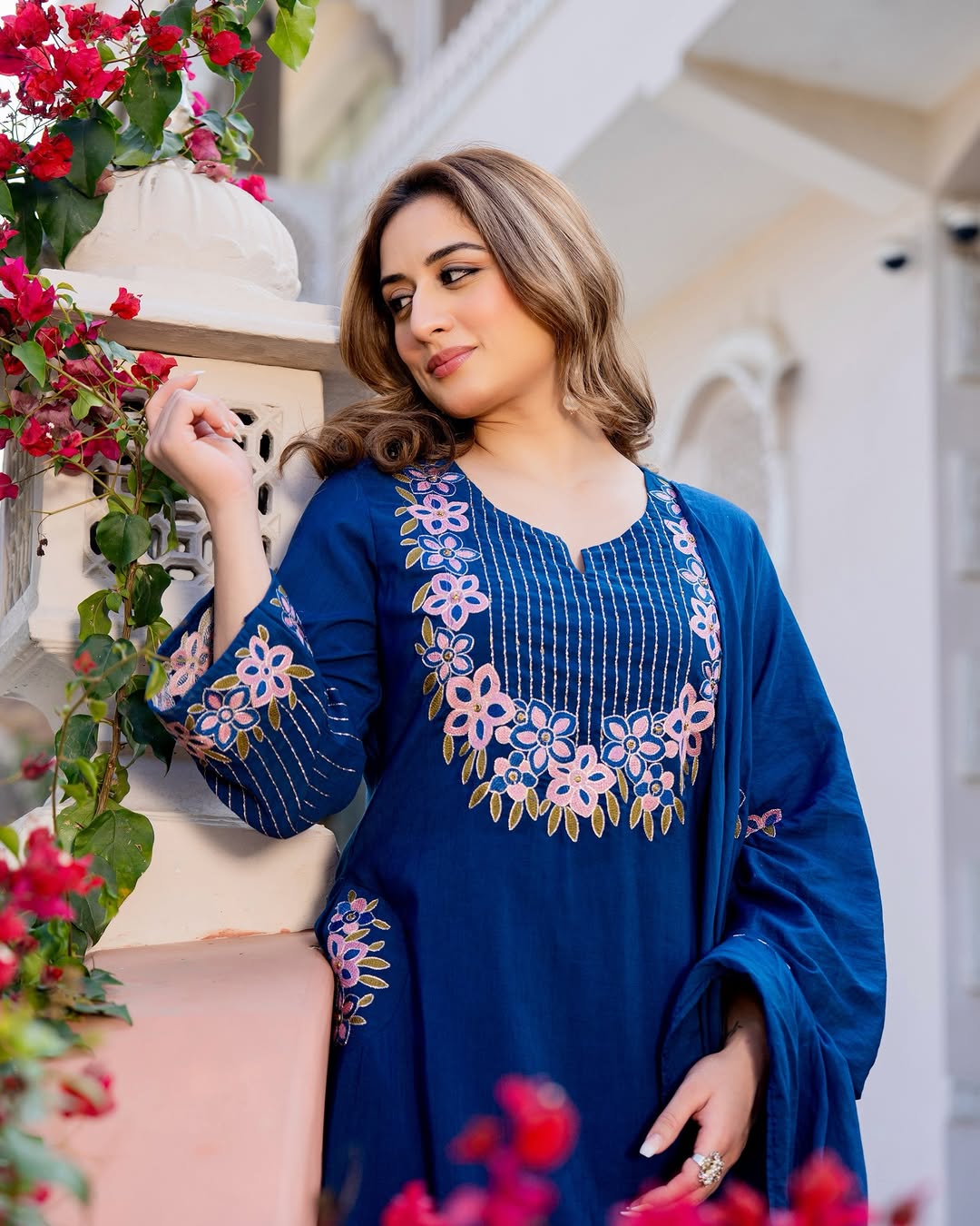 Prussian Blue Embroidered Flared Kurta Set with Dupatta