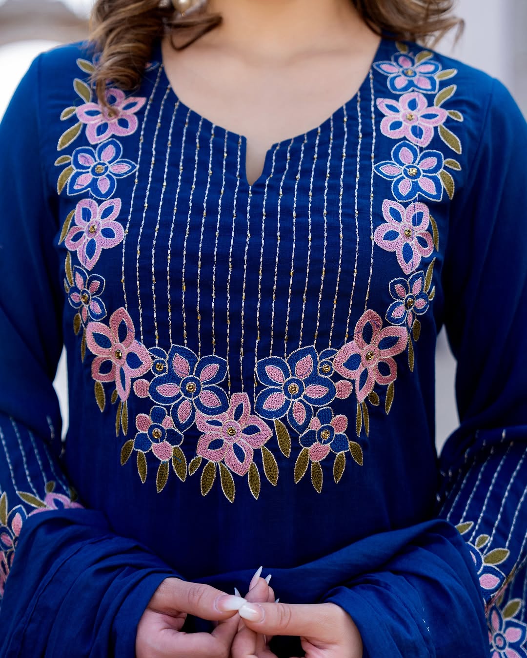 Prussian Blue Embroidered Flared Kurta Set with Dupatta