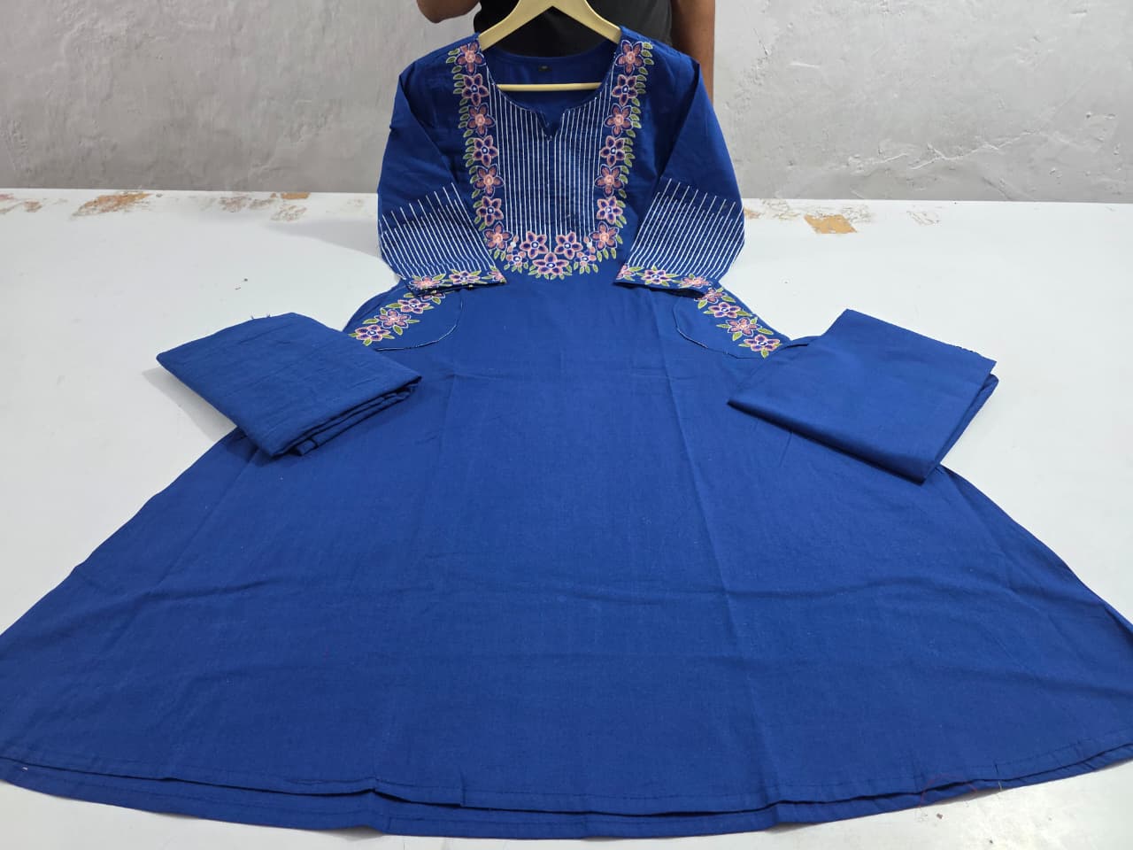 Prussian Blue Embroidered Flared Kurta Set with Dupatta