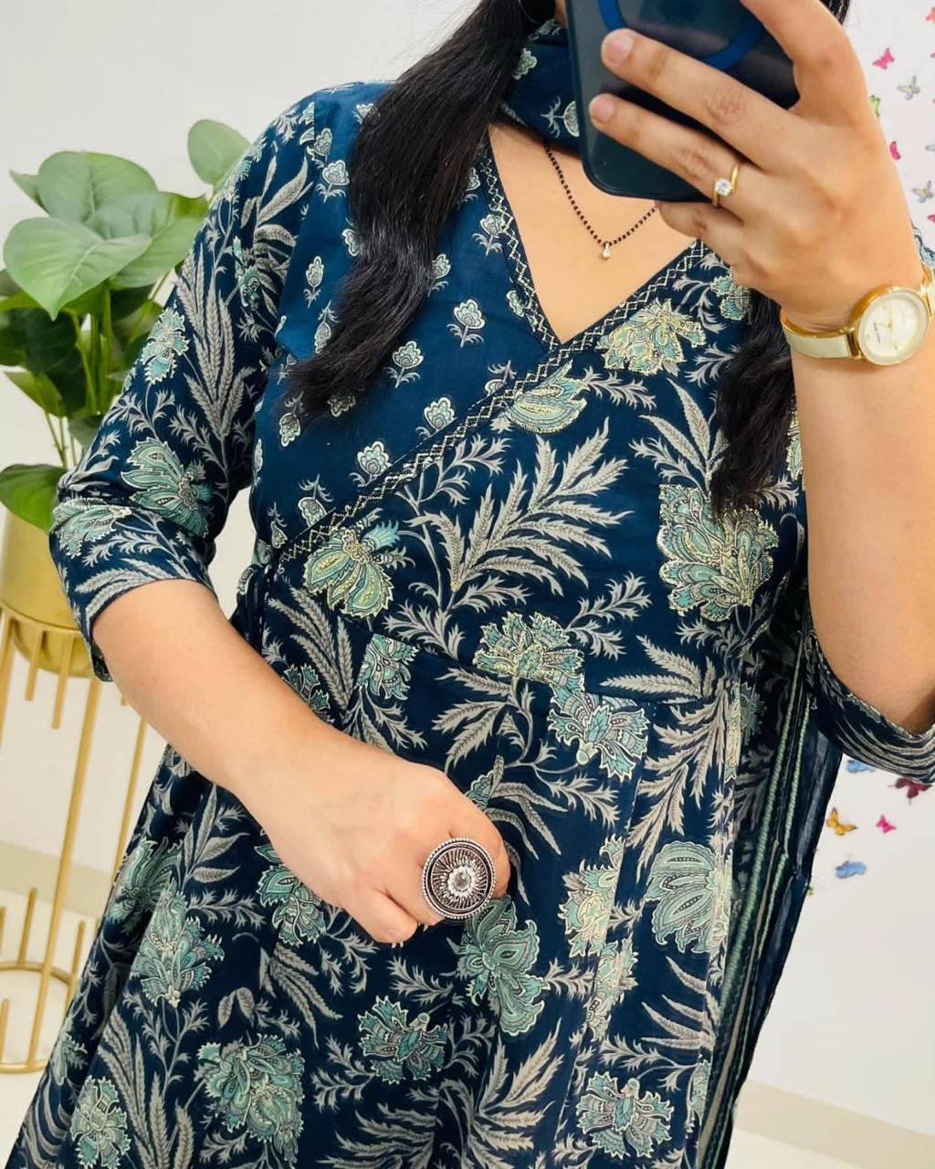 Navy Blue Floral Block Print Cotton Angrakha Set