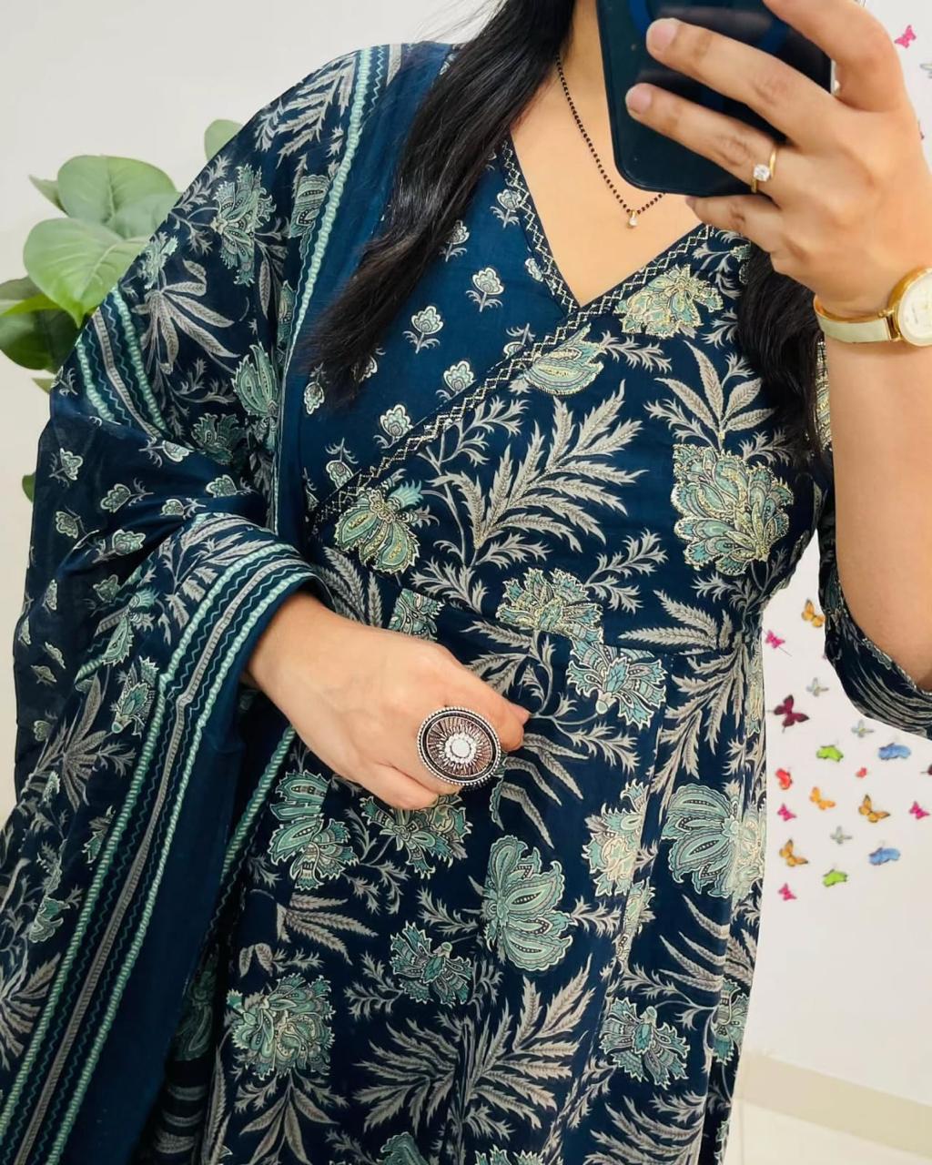 Navy Blue Floral Block Print Cotton Angrakha Set