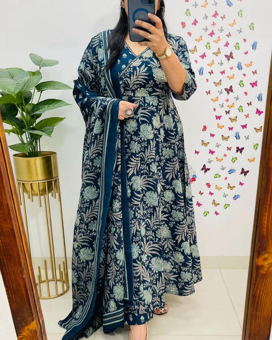 Navy Blue Floral Block Print Cotton Angrakha Set