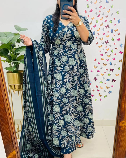 Navy Blue Floral Block Print Cotton Angrakha Set