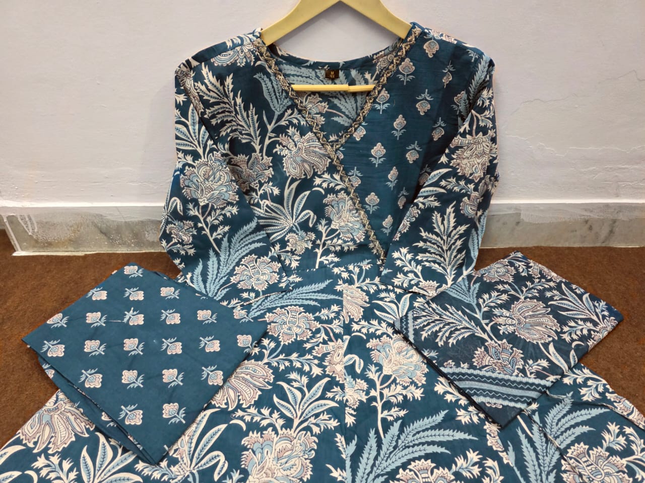 Navy Blue Floral Block Print Cotton Angrakha Set