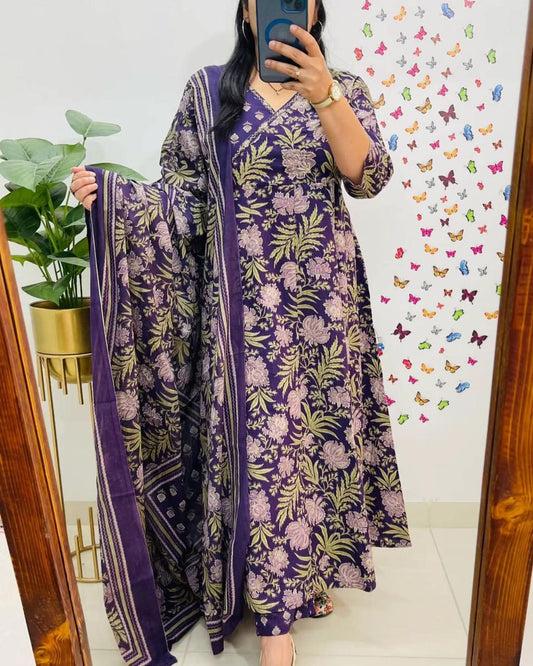 Purple Floral Block Print Cotton Angrakha Set