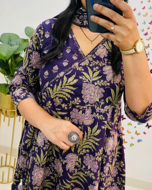 Purple Floral Block Print Cotton Angrakha Set