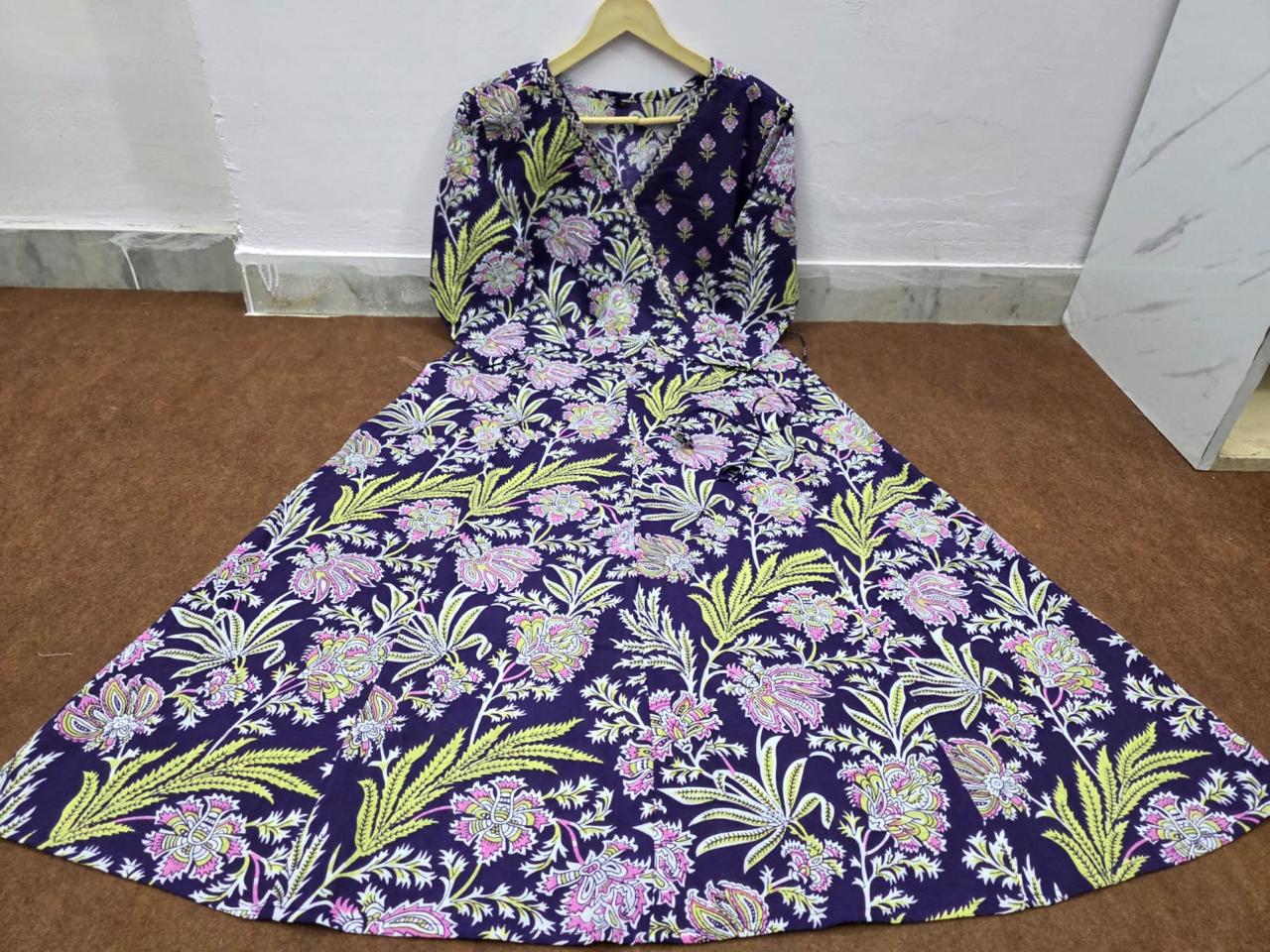 Purple Floral Block Print Cotton Angrakha Set