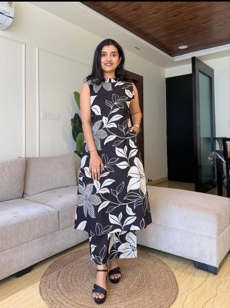 Black Cotton A-Line Kurta Set for Women