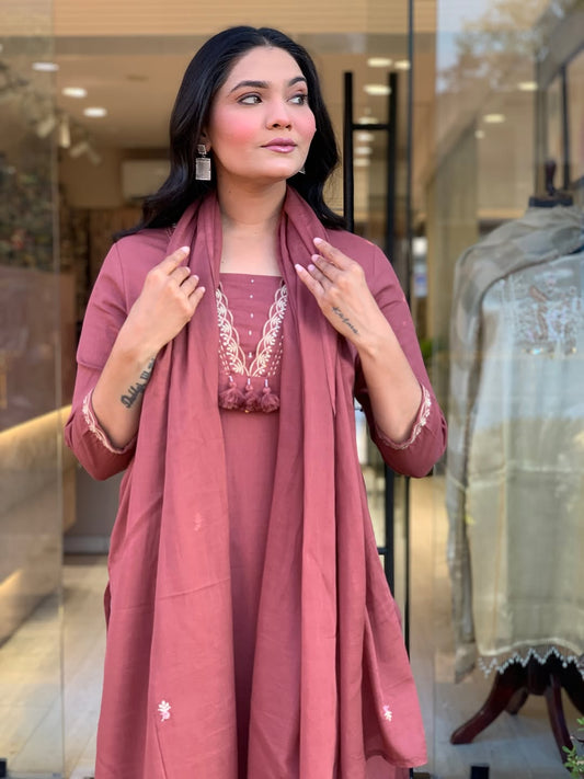 Pink Embroidered A-Line Cotton Suit Set with Malmal Dupatta