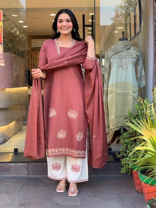 Pink Embroidered A-Line Cotton Suit Set with Malmal Dupatta