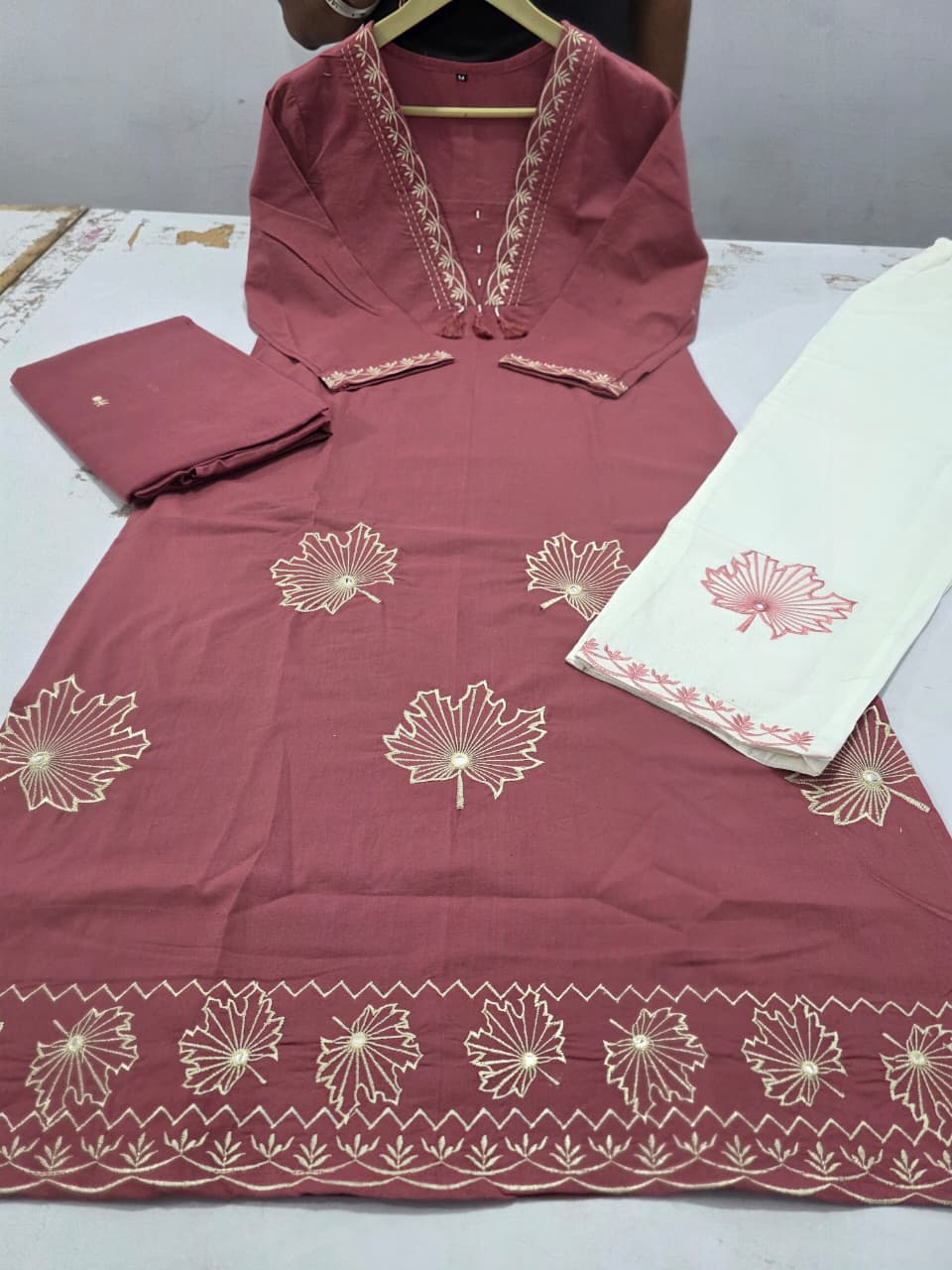 Pink Embroidered A-Line Cotton Suit Set with Malmal Dupatta