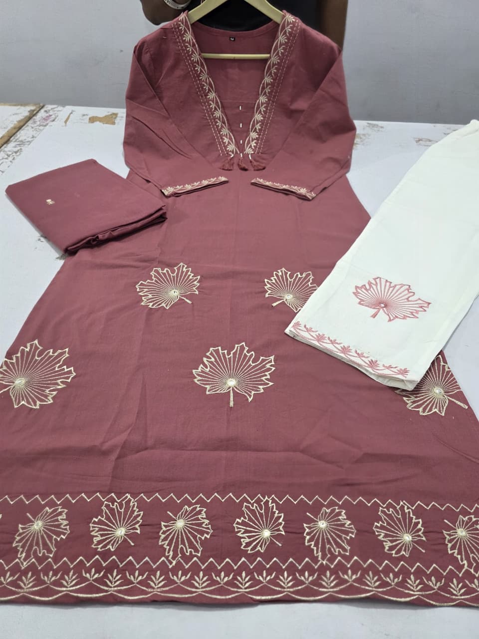 Pink Embroidered A-Line Cotton Suit Set with Malmal Dupatta