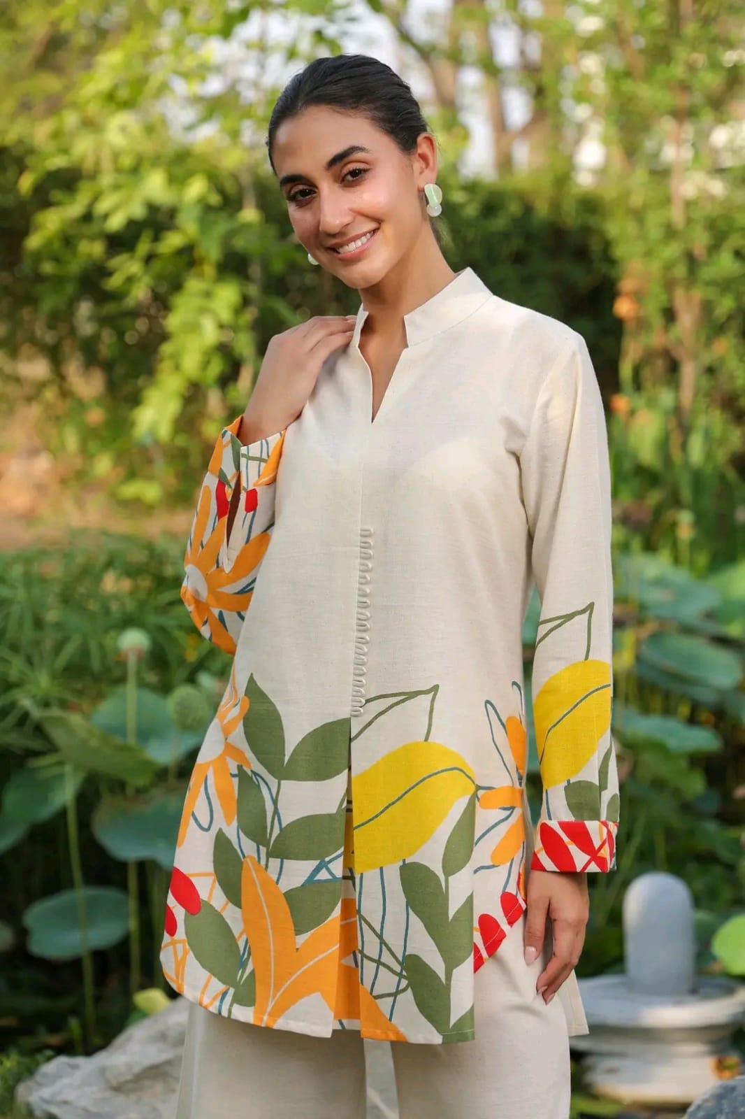 Ivory Botanical Print Co-ord Set with Mandarin Collar Tunic
