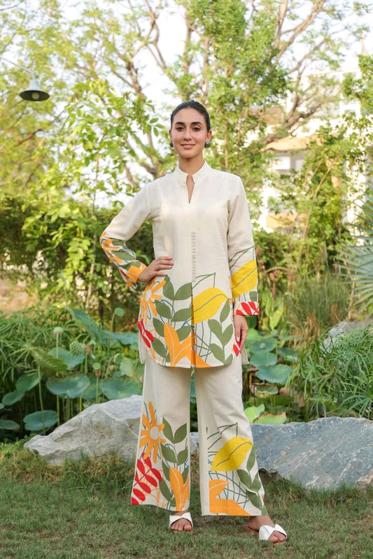 Ivory Botanical Print Co-ord Set with Mandarin Collar Tunic