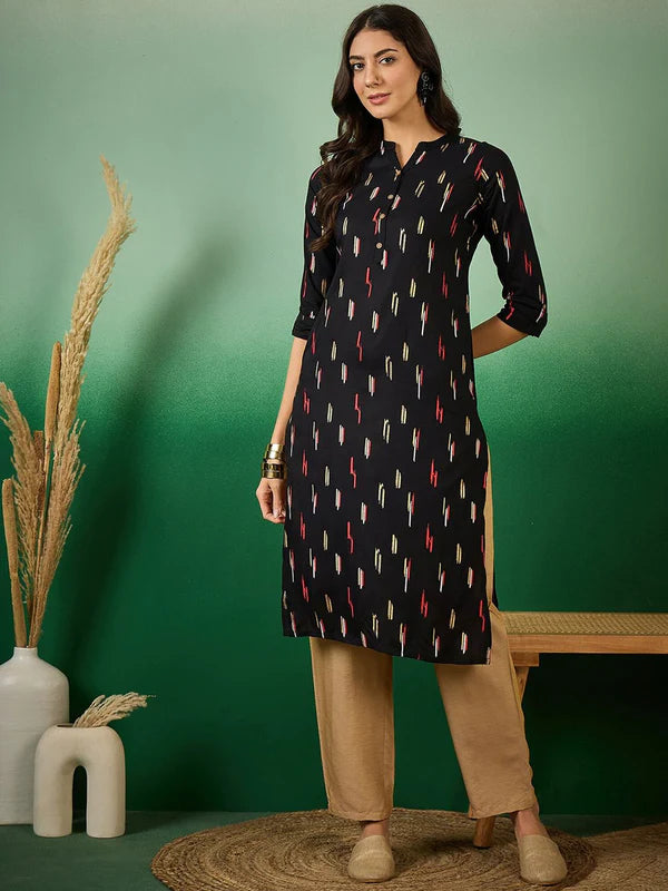 Black Rayon Printed Straight Kurti for Women