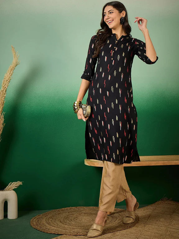 Black Rayon Printed Straight Kurti for Women
