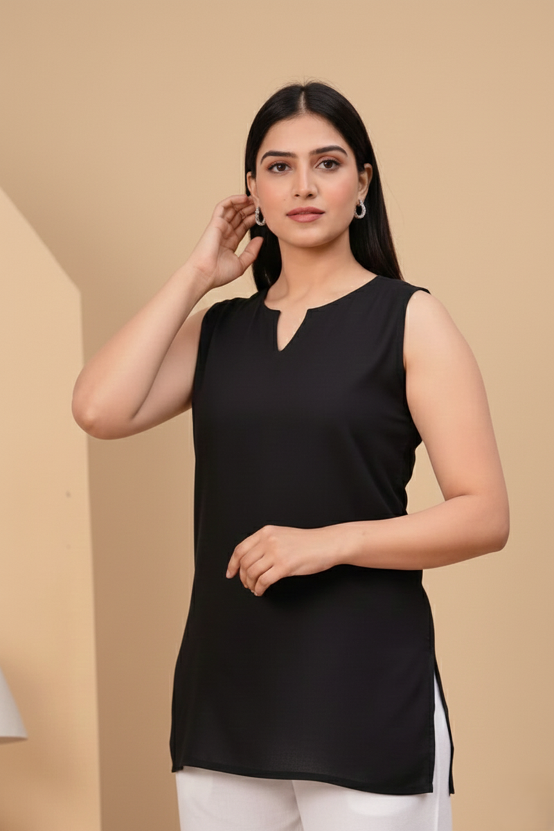 Black Minimalist Sleeveless Longline Fusion Tunic