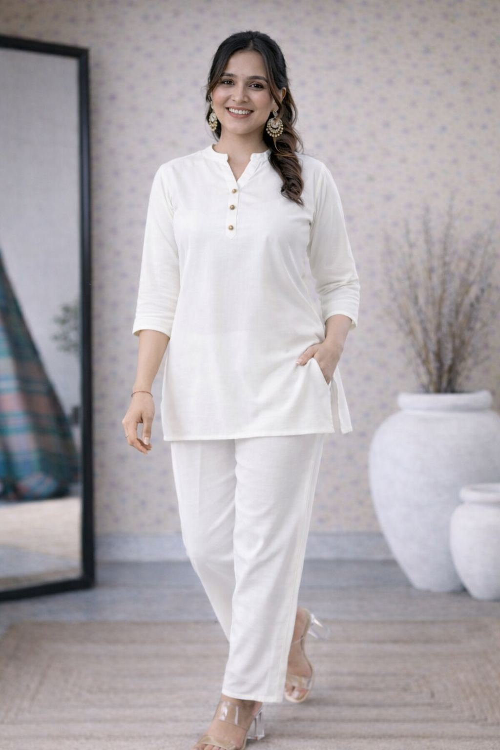 Elegant White Rayon Co-ord Set for Women with button detail Kurti & Straight Pants