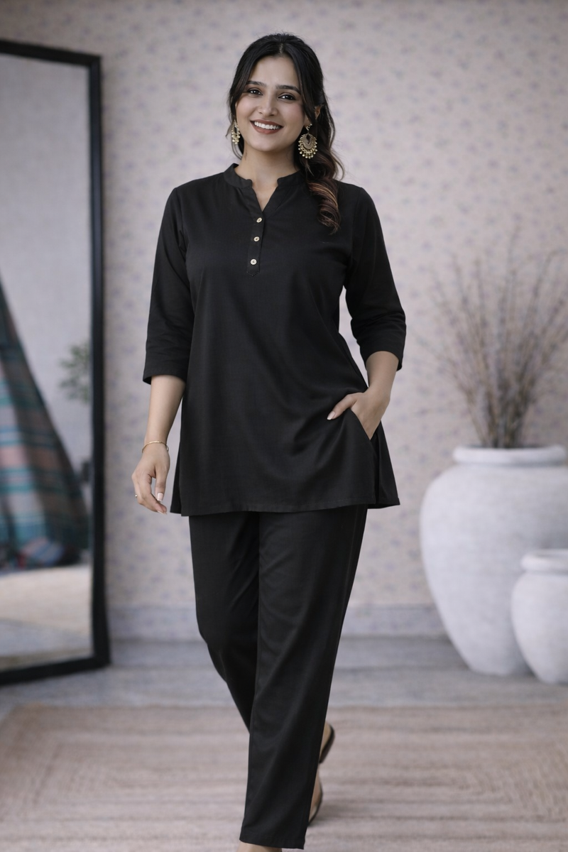 Black Rayon Kurti Pant Co-ord Set for Women