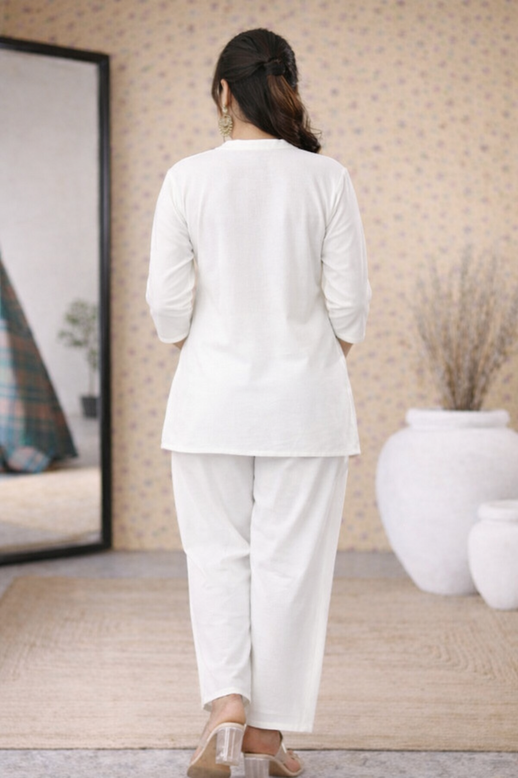 Elegant White Rayon Co-ord Set for Women with button detail Kurti & Straight Pants