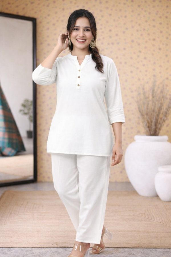 Elegant White Rayon Co-ord Set for Women with button detail Kurti & Straight Pants