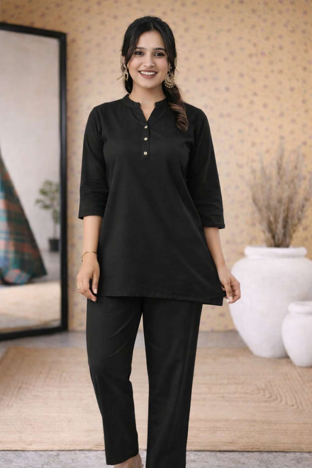 Black Rayon Kurti Pant Co-ord Set for Women
