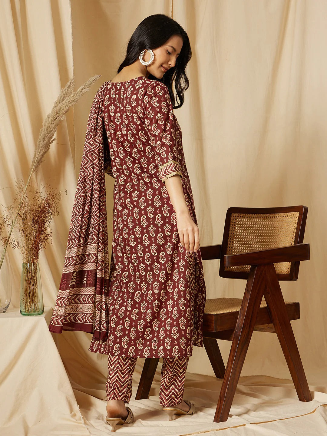 Maroon Cotton Gota Lace 3 Piece Kurti Pant Dupatta Set for Women