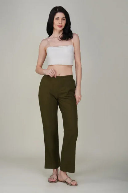 Olive Green Wide Leg Cotton Pant