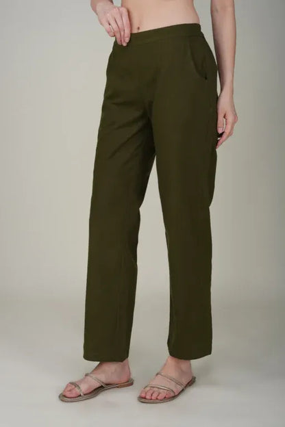 Olive Green Wide Leg Cotton Pant