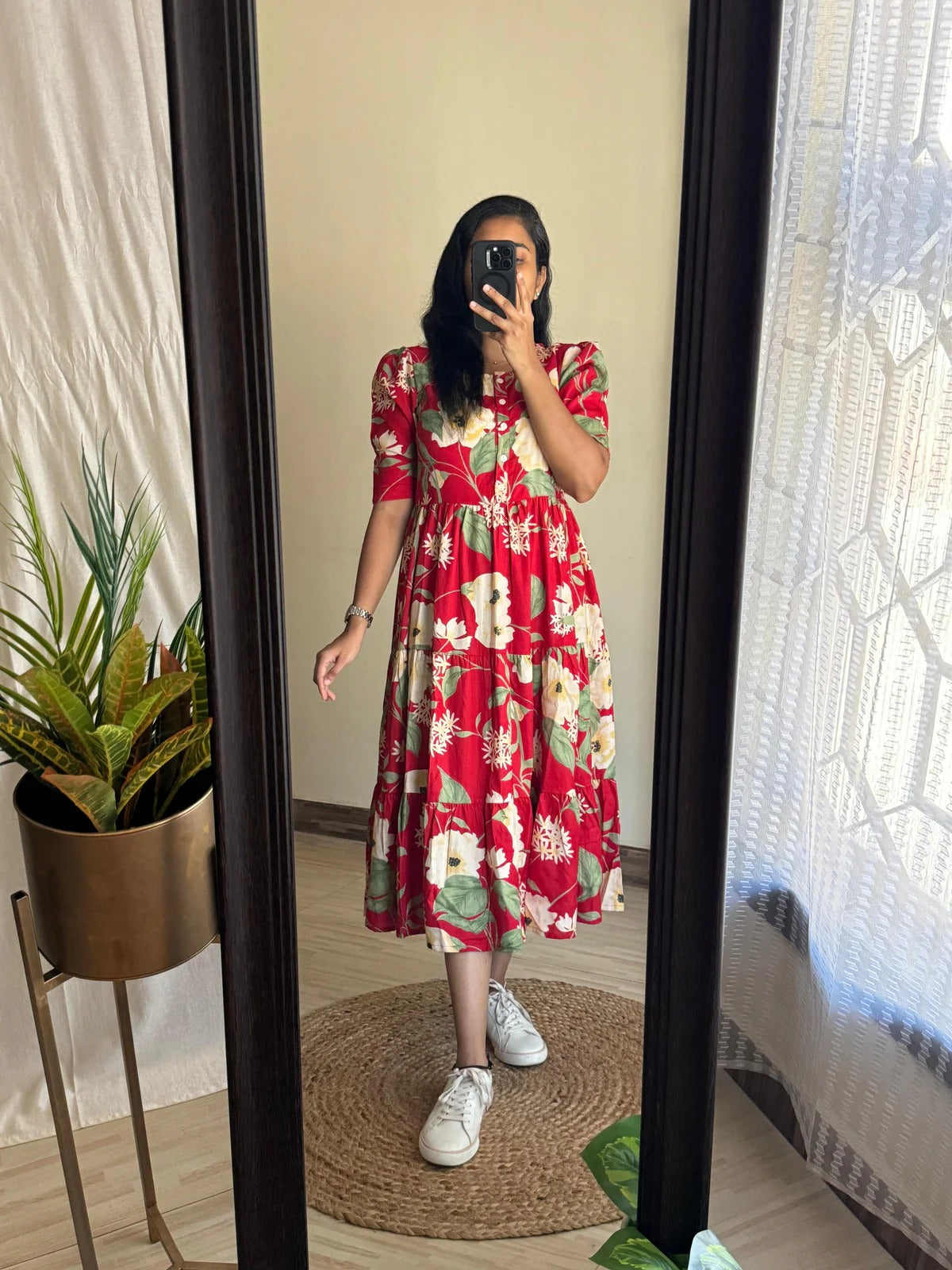 Red Floral Rayon Tiered Anarkali Dress for Women