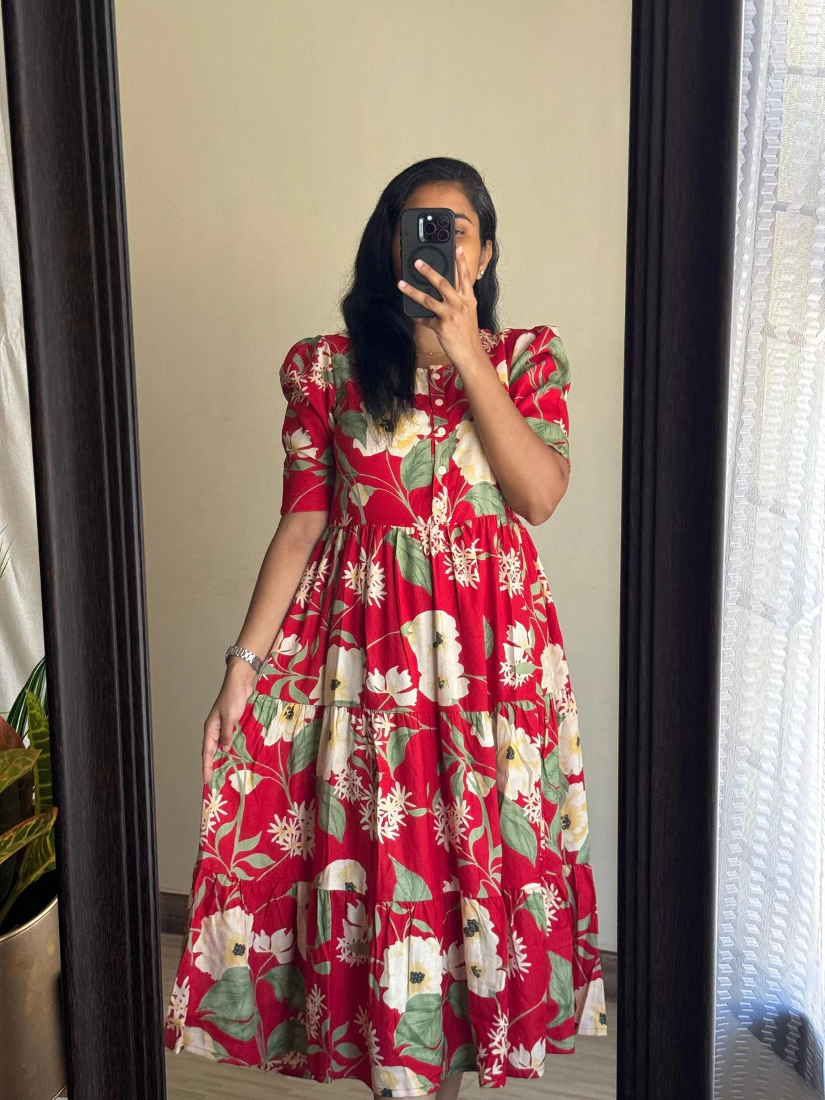 Red Floral Rayon Tiered Anarkali Dress for Women