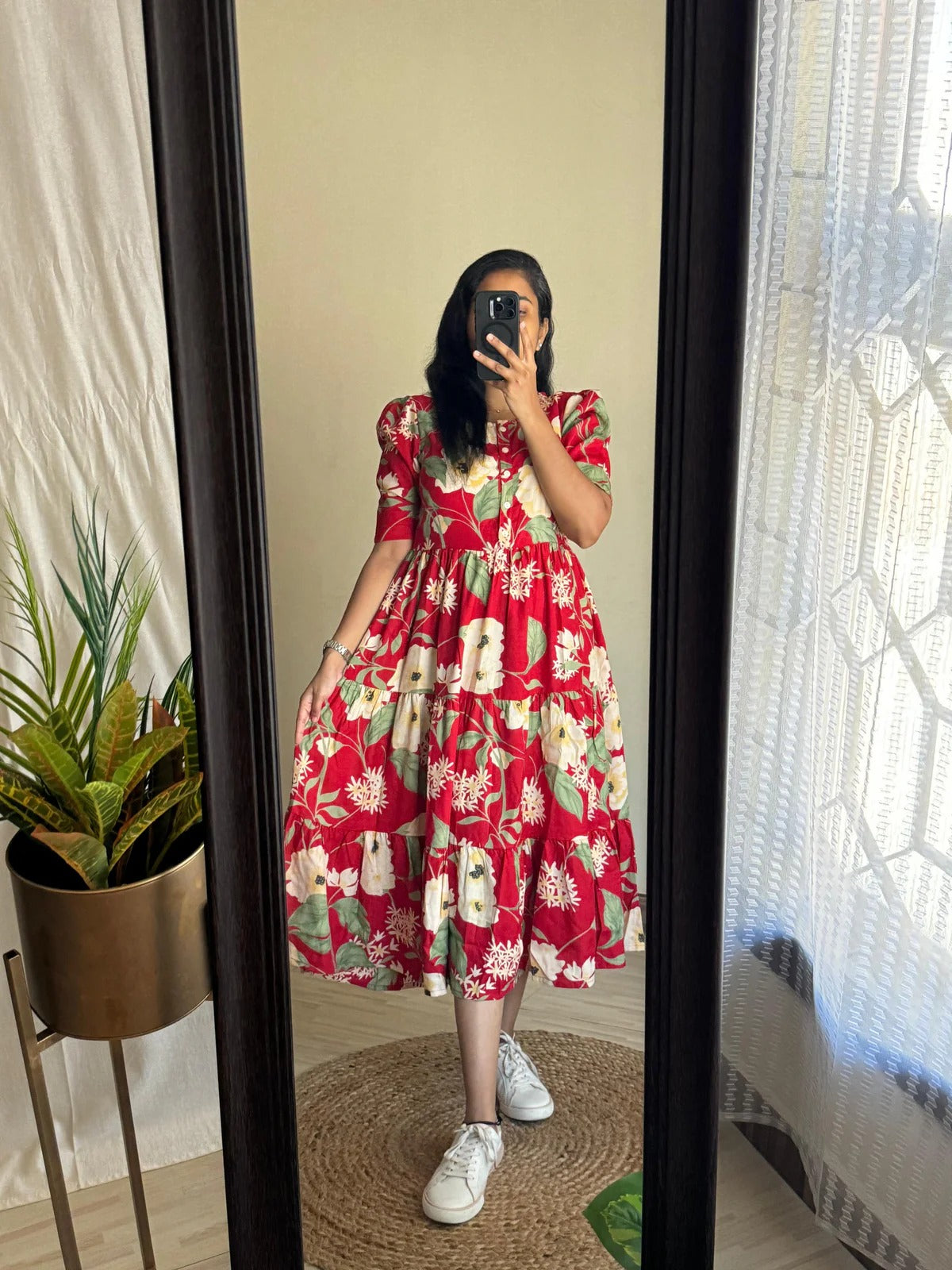 Red Floral Rayon Tiered Anarkali Dress for Women