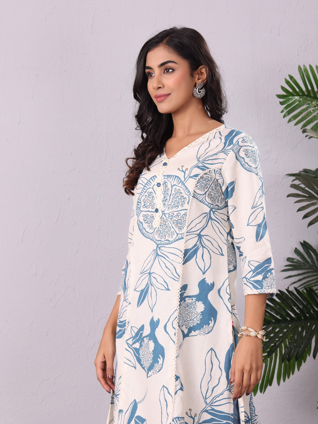 White Lace Straight Rayon Kurti with Gold Print