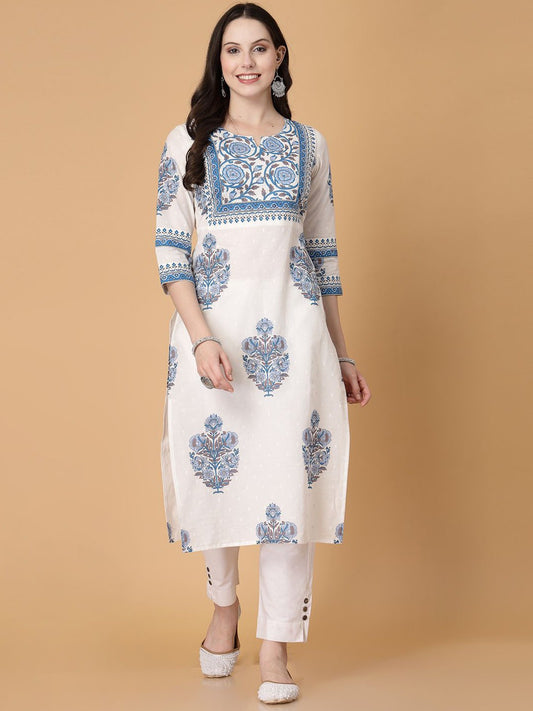 White Printed Cotton Straight Kurti for Women