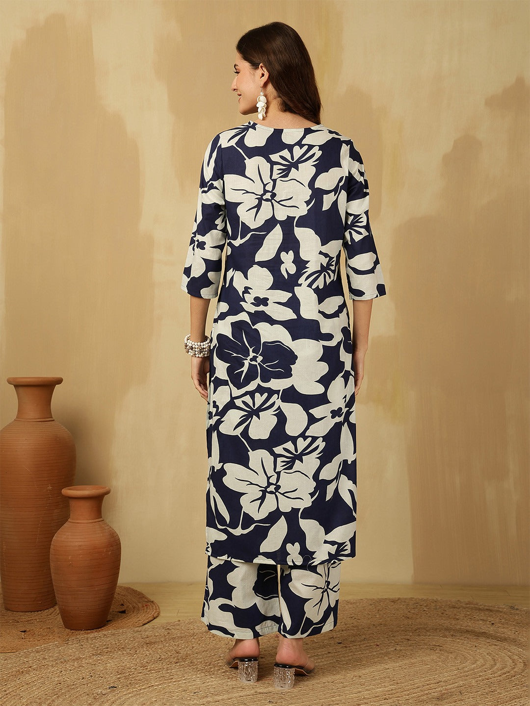 Navy Blue Cotton Kurti Palazzo Set for Women