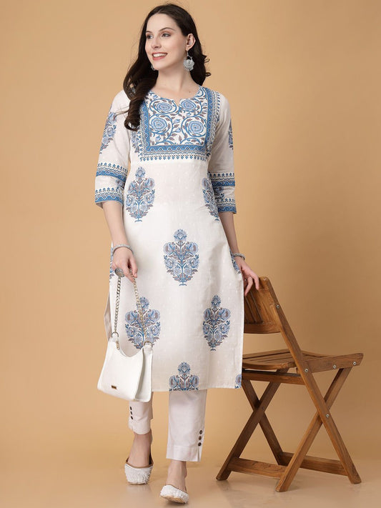 White Printed Cotton Straight Kurti for Women